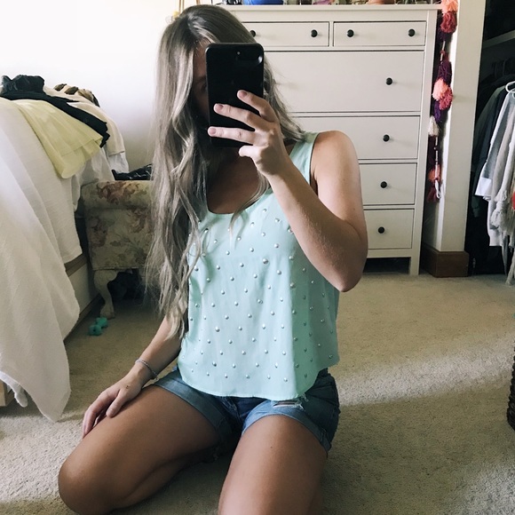 Forever 21 Tops - FOREVER 21 - Mint Aqua Studded Silky Tank Top